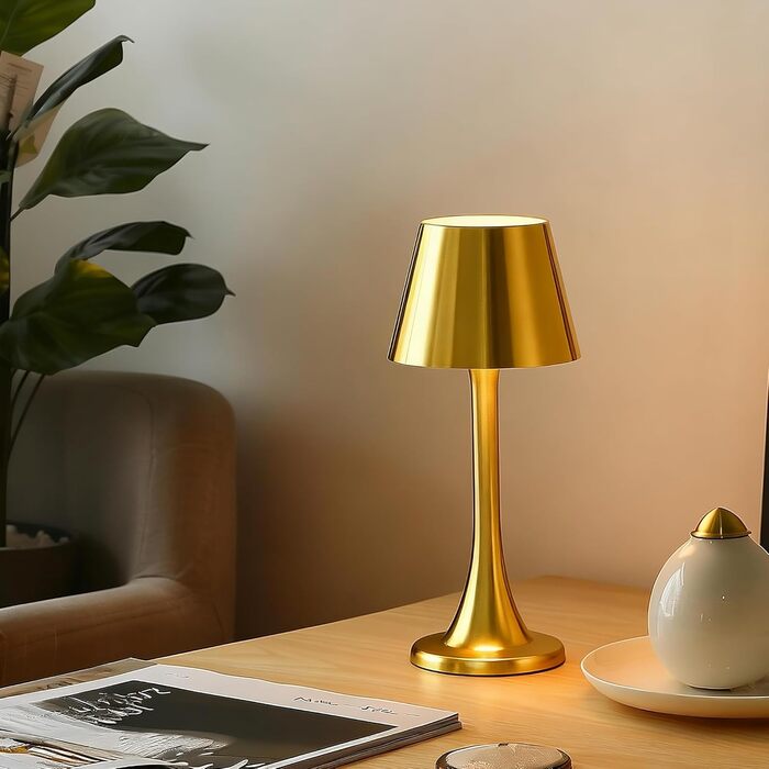 Зовнішня LED-лампа Mr. White: вологостійка, акумуляторна, з регулюванням яскравості, торкання, з абажуром з ротангу (золота)