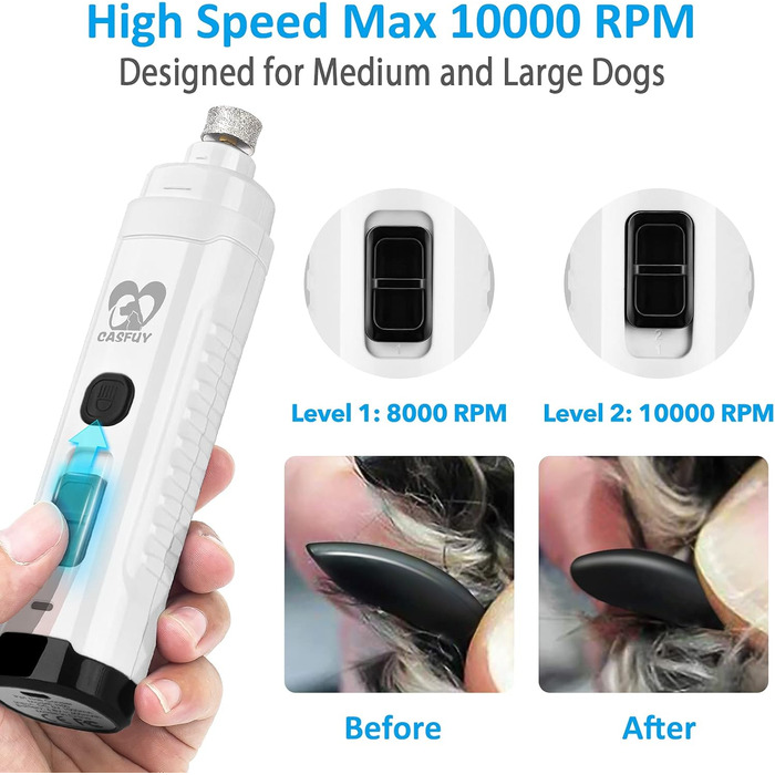 Електричний точило для собачих кігтів Casfuy з LED-підсвіткою, 4.8V, 2 швидкості, для середніх собак