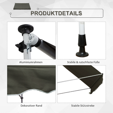 Outsunny Standmarkise Standmarkise, 300 x 150 см, маркіза з ручним приводом, автономна маркіза, стійка до вітру, алюміній, сірий