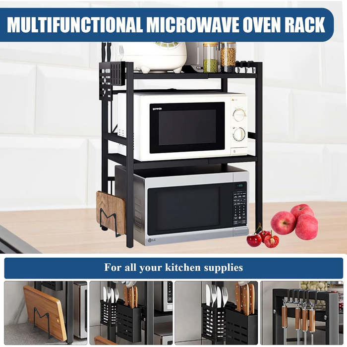 Регульована полиця для мікрохвильової печі, 3-рівнева розширювана стійка, органайзер для кухні з 6 гачками, з вуглецевої сталі, чорний