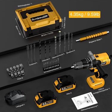 Акумуляторний ударний дриль-шуруповерт 21V - 120Nm безщітковий, комплект з 2 акумуляторами 4Ah, 20+3 ступені крутного моменту, патрон 13 мм, 2 швидкості, 35-елементний набір аксесуарів