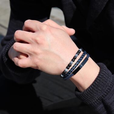 Браслет чоловічий шкіряний з тигровим оком та лавовим каменем, ручної роботи, з гравіюванням, регульований магнітний замок (синій)