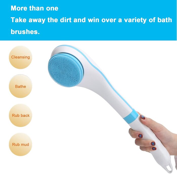 Electric Body Bath Brush with USB Charger, 6 Speed Adjustable Bath Body Brush Set Shower Brush Back Scrubber Multifunction Long Handle Massager, Long Handle (Blue)