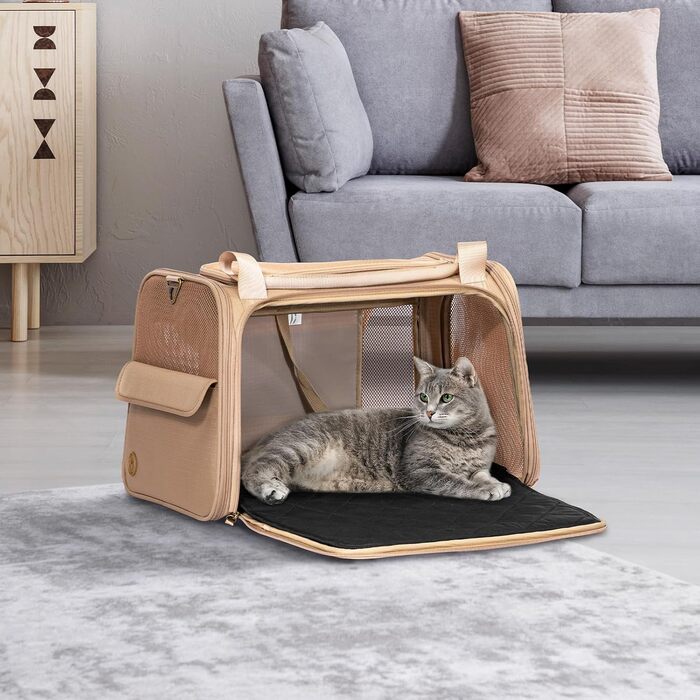 Переносна сумка-переноска для котів та собак Petsfit, розкладний дизайн, з м'яким килимком, 47L x 30B x 30H см (Хакі)