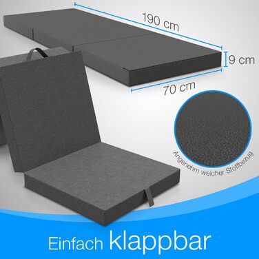 Складаний матрац ELONEO 70x190 см, 9 см, для дітей і дорослих, гостьовий, туристичний, антрацит