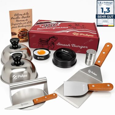 Набір для приготування Smash Burger – 9 предметів: прес для бургерів, сплескач, 2 термокапелюхи, лопатка та шампури – подарунок для чоловіків та любителів гриля (колір: коричневий)