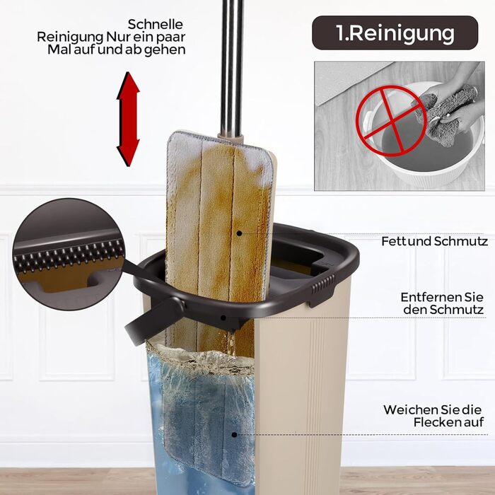 Набір для миття підлоги з відром, Masthome, компактний, з віджимом, 3 мікрофібрових насадок, нержавіюча сталь, 2 в 1, для дерев'яних, плиткових та мармурових підлог (Бежевий)