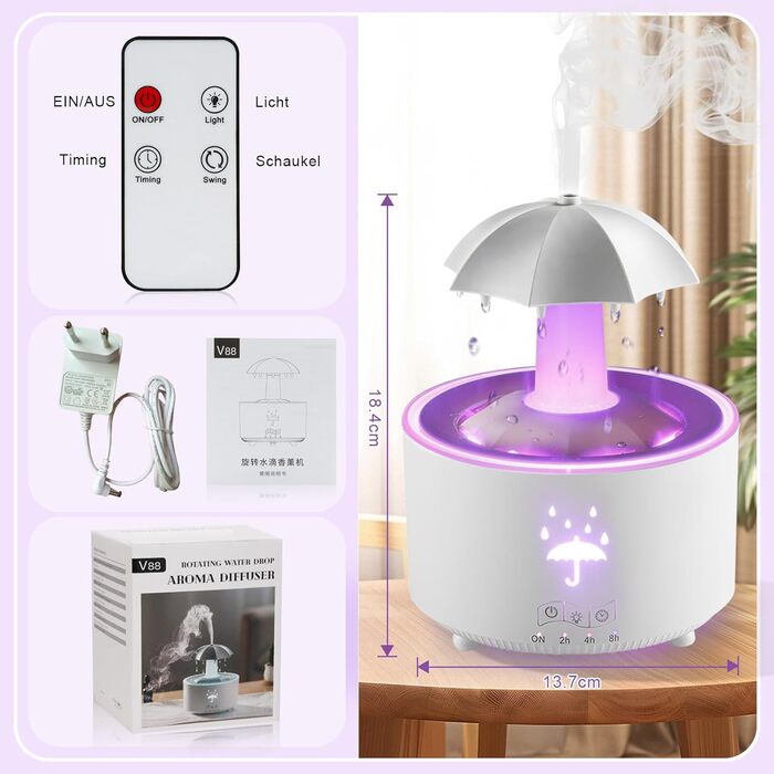 Зволожувач повітря Justup у вигляді парасольки, з LED-підсвіткою 7 кольорів, аромадифузор для ефірних олій, 300 мл, з пультом ДК, білий