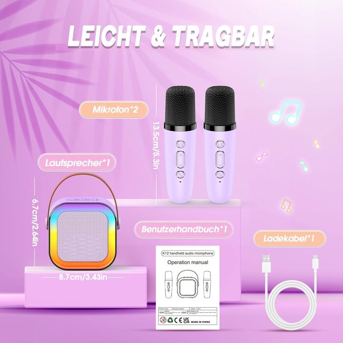 Караоке-мікрофон для дітей Dislocati 3-12 років з Bluetooth та LED-підсвіткою, фіолетовий. Портативна музична іграшка для вечірок