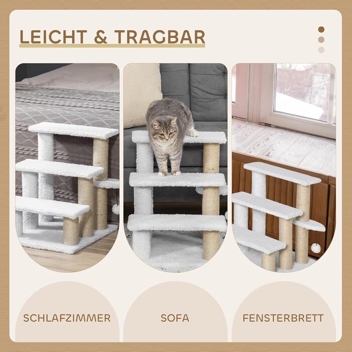 PawHut 3-Step Pet Staircase with Scratching Posts, Ball, Dog Staircase, Animal Staircase for Cats up to 5 kg, Plush Jute, White, 45 x 40 x 48 cm