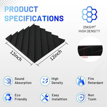 Акустичні пірамідні панелі Focusound для шумоізоляції стін, звукопоглинаючий спінений поролон високої щільності, 30.5 x 30.5 x 2.5 см, сірі, 48 шт.