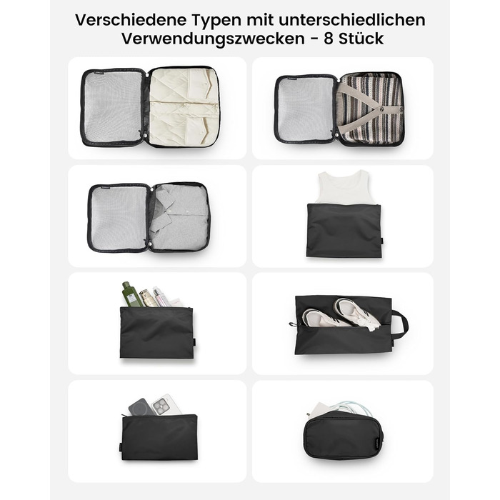 Органайзери для валізи Packing Cubes, 8 шт., водонепроникні, чорні + косметичка