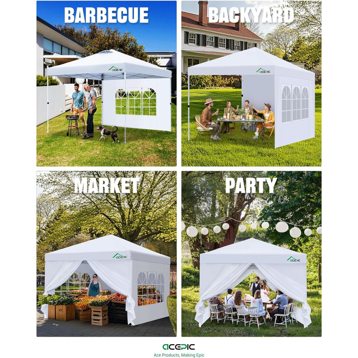 One-Touch Pop-Up Pavilion 3x3 Waterproof, Stable, Winter-Proof with Side Walls, Folding Pavilion with Thickened Tubes, for Garden, Party, Camping, Outdoor, Steel Frame, with 4 Side Walls, Dark Grey (Grey)