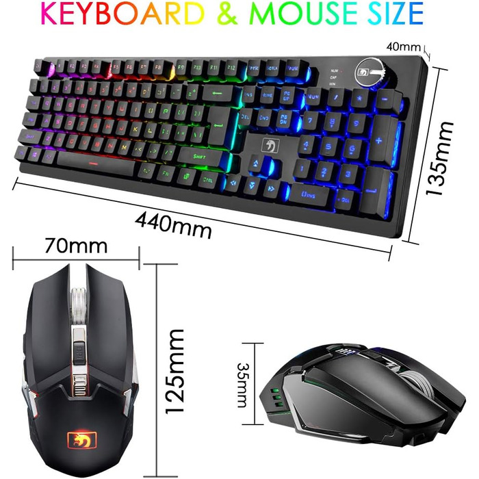 FELiCON Набір комбо для бездротової клавіатури та миші, 4800mAh, RGB-підсвічування, 16 режимів, керування кнопками, ергономічний дизайн, 7 кольорів, чорний K&M