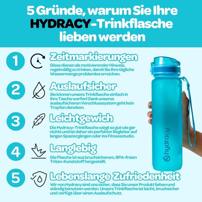 Пляшка для води Hydracy з фруктовою вставкою 500 мл, блакитна - спортивна, без BPA, з таймером та захистом від протікання