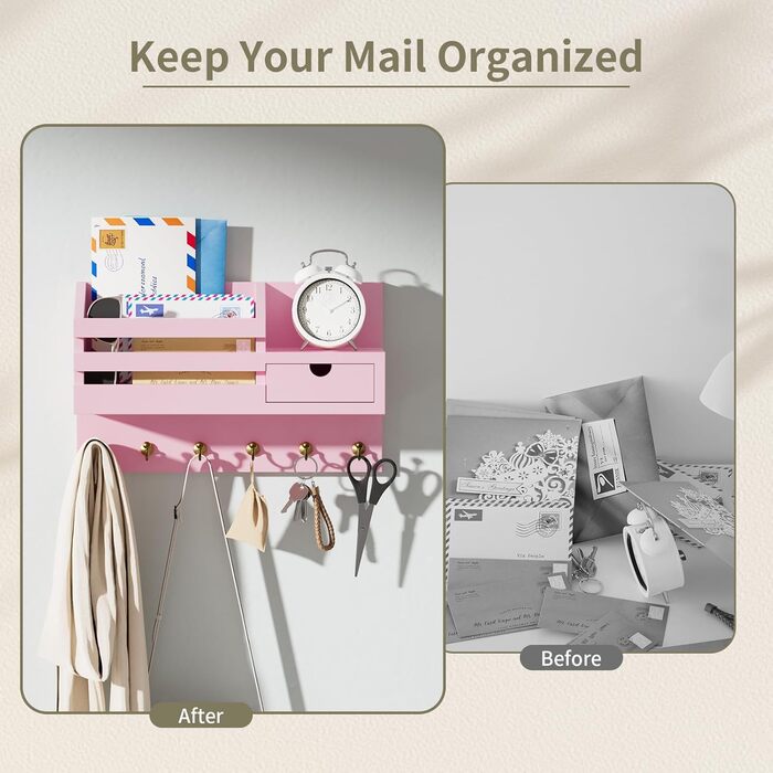 Настінна органайзер для ключів з 6 гачками та шухлядою, дерев'яна полиця для ключів, ключниця на стіну, для дому, офісу, прихожої (білий) (Рожевий - 02)