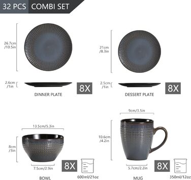 Stoneware Combination Service, vancasso GUTO Tableware Set, 32-piece Dinnerware Set with 8 Dinner Plates, Cake Plates, Bowls, and Cups each for 8 people
