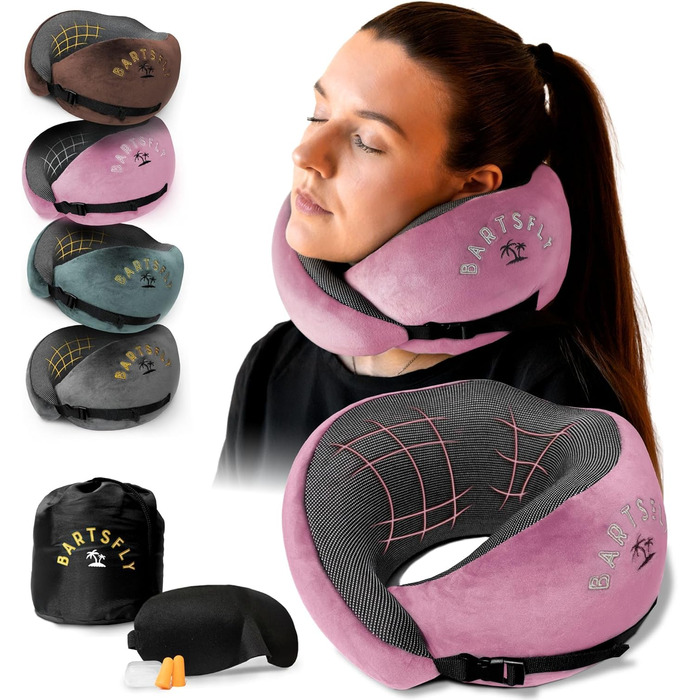 Подушка для шиї з Memory Foam - для автомобіля та літака, ергономічна, проти болю в шиї, для сну, для далеких перельотів, можна прати (Рожева)