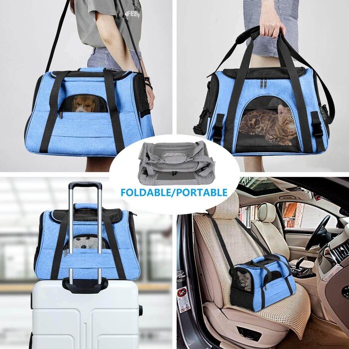 Транспортний бокс для собак та котів, дихаючий, складаний, з м'якою підстилкою (блакитний)