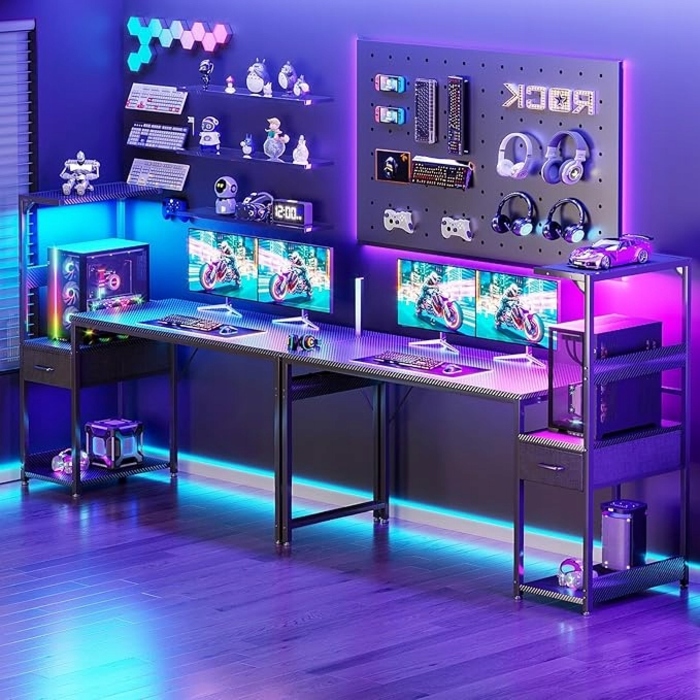 Ігровий стіл з RGB-підсвіткою та стелажем з полицями, функціональний та сучасний, 138x48 см