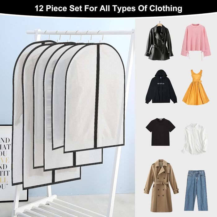12 містких мішечків для одягу з блискавкою, прозорі чохли для одягу, захисні мішечки від пилу для костюмів, суконь, пальто, курток. Організація зберігання одягу