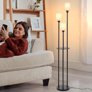 Стійка лампа Winverty для вітальні з полицею, 3 лампи, вінтажний стиль, чорний колір