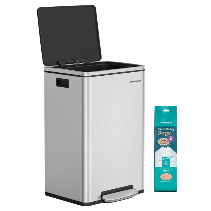 Відро для сміття SONGMICS 50 л, нержавіюча сталь, знімний внутрішній відро, Softclose, срібний колір