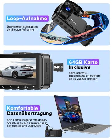 3-канальний автомобільний відеореєстратор 4K (передня, внутрішня та задня камери), кут огляду 170°/150°/150°, нічна зйомка, G-сенсор, циклічний запис, 24гд паркування, карта пам'яті 64 ГБ, чорний