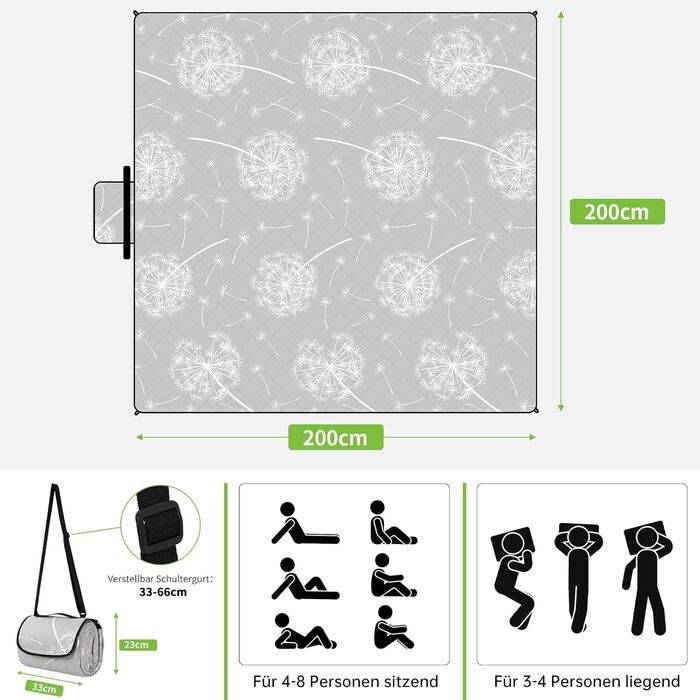 Waterproof Picnic Blanket, Sand-Free Beach Blanket 200x300, Outdoor Rug, Picnic Blanket XXL Extra Large, Camping Blanket Ultralight Portable, Grey (200*200)