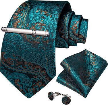 Набір краваток DiBanGu чоловічий: шовкова краватка, нагрудна хустка, запонки, зажим для краватки, блакитно-зелений візерунок Paisley, для ділових зустрічей