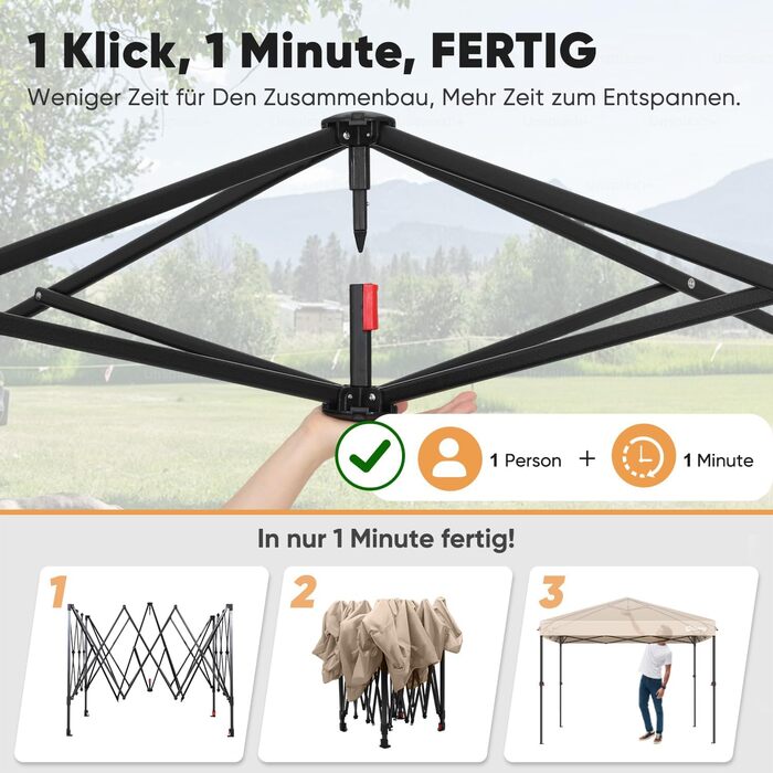 Sekey One-Touch Pop-Up Pavilion 3x3 Waterproof Stable Winter-Proof, Folding Pavilion 3x3m with Thickened Tubes, Party Tent Pavilion Foldable for Camping Festival Party, Khaki