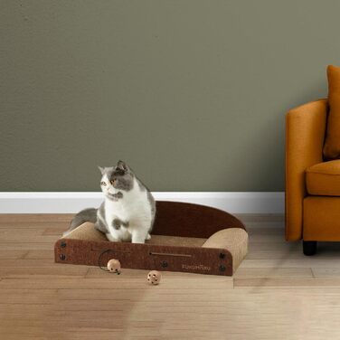 Cat Scratch Board, 66CM Durable Scratch Cardboard and Felt, Large Lounger, 2 Reversible Cat Scratch Pads for Cats, Recyclable Cardboard Cat Bed with Bell Ball Toy, Caramel Color (Medium Size)