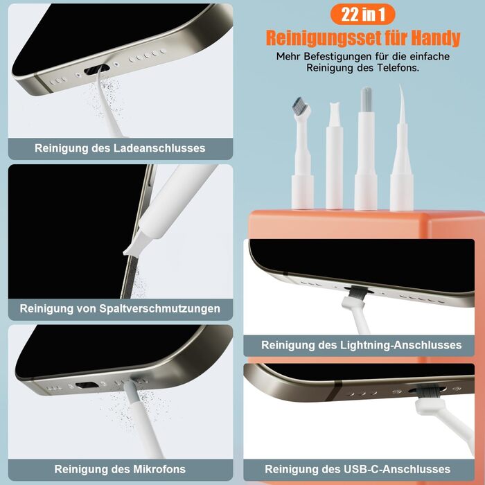 Набір для чищення гаджетів 22-в-1: навушники, телефони, клавіатури, камери, монітори, планшети, автоекрани. З щіткою та спреєм