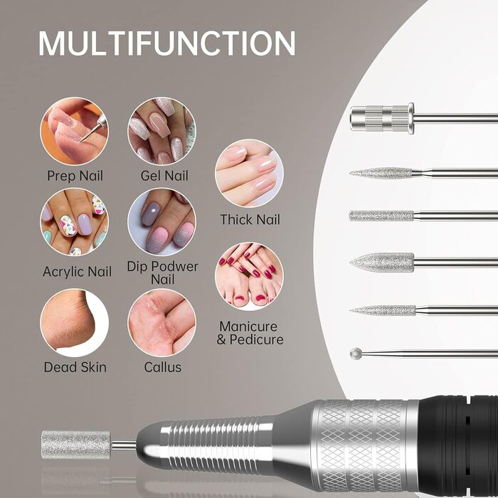 Електрична нігтьова пилка Kredioo для гелю та акрилу з LED-дисплеєм та 6 насадками