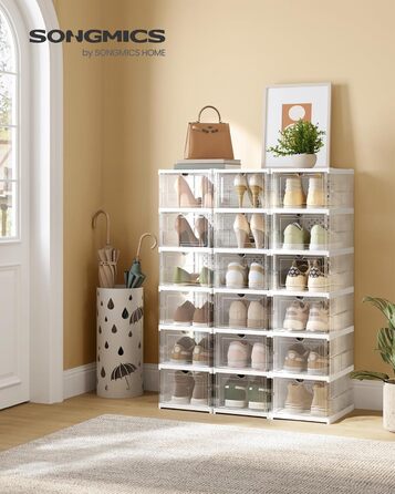 SONGMICS Shoe Cabinet 3-Piece Set, with 18 Shoe Boxes, Integrated Shoe Organizer, Foldable, Portable, for Shoe Sizes up to 46, 1-Minute Assembly, Transparent-Cloud White LSP207W01