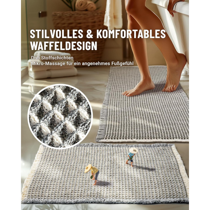 Boho Bathroom Rug Set - Non-Slip Bath Mats (2-Piece) - Washable Shower Rugs for Bathroom, Bedroom, Living Room - 51x120cm + 41x61cm (Gray & White)