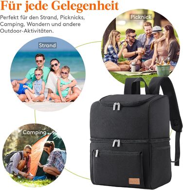 Lifewit 21L Insulated Cooler Bag, Thermal Lunch Bag, Cooler Backpack, Leak-Proof Double-Decker Cooler Bag for Men, Women, Mothers for Lunch, Picnic, Shopping, Travel, Black