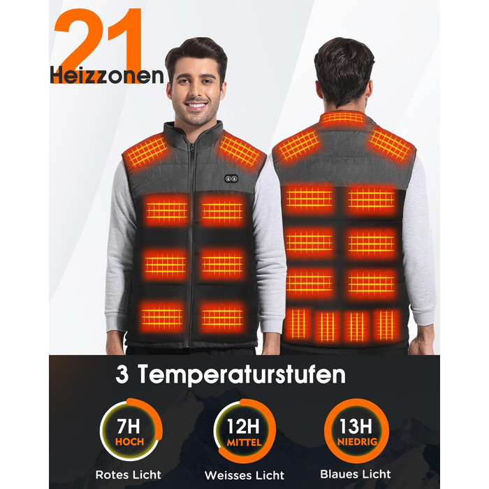 Електрична гріюча жилетка Buba Toys для чоловіків з Powerbank 20000mAh, 21 зона нагріву, 3 режими, для катання на лижах, піших прогулянок та активного відпочинку, XL, сіро-чорний колір