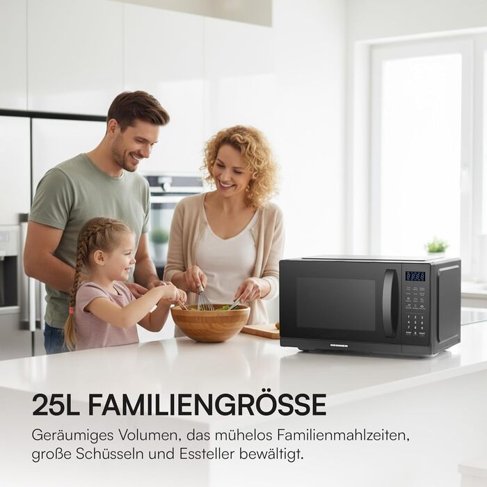 Мікрохвильова піч HMW-MD25DMRBK, 25 л, 800 Вт, чорний колір, 5 рівнів потужності, таймер, функція розморожування, поворотний піднос 28,5 см, 3 роки гарантії