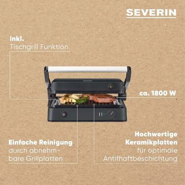 SEVERIN SEVINI Lite, Contact Grill for Meat, Fish & Vegetables, Ceramic-Coated Sandwich Maker for Fat-Free Grilling, Indoor Grill up to 220°C Heat, 1,800 W, black, KG 2398