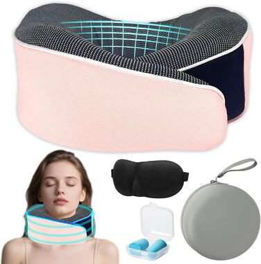 Подушка для шиї в літак, 360° - подушка для подорожей з піною Memory Foam, набір для дорослих - ергономічна, з коробкою для зберігання, маскою для очей та навушниками (Рожева)