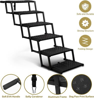 Сходинка для собак у автомобіль – складана пандус для великих собак з неслизькою поверхнею, портативна сходинка для авто, SUV, вантажівок, підтримує до 90 кг, 6 сходинок