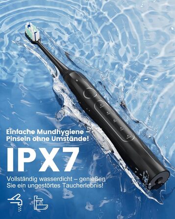 Електрична зубна щітка звукова 5 режимів, таймер 30с, відбілює зуби за 2 тижні, 8 змінних насадок, IPX7, чорний