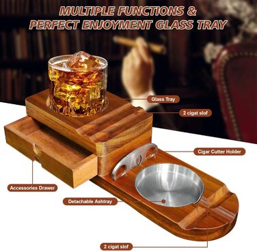Wooden cigar ashtray, ashtray with whiskey tray and cigar holder + 1 cigar cutter, cigar humidor box with wine holder, for home, office or bar, men's birthday anniversary.