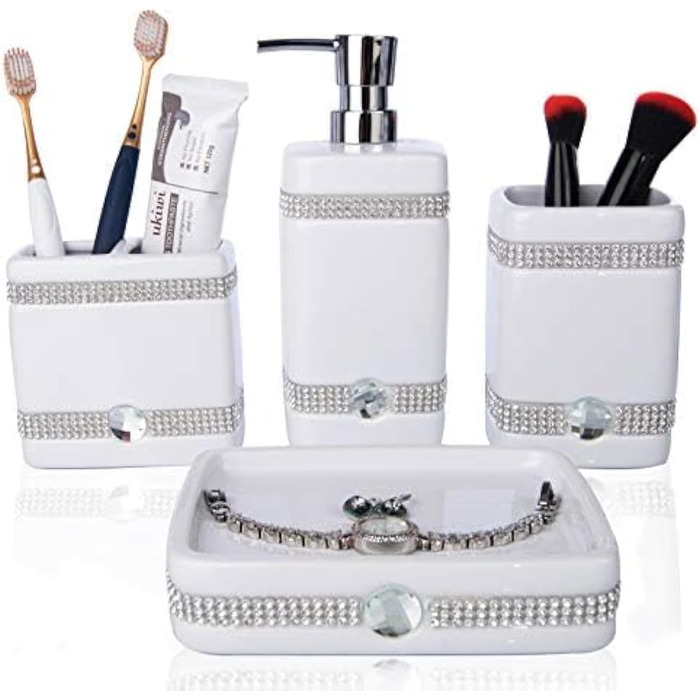Набір аксесуарів для ванної кімнати CAA's з кераміки, 4 шт. (білий з цирконієм)