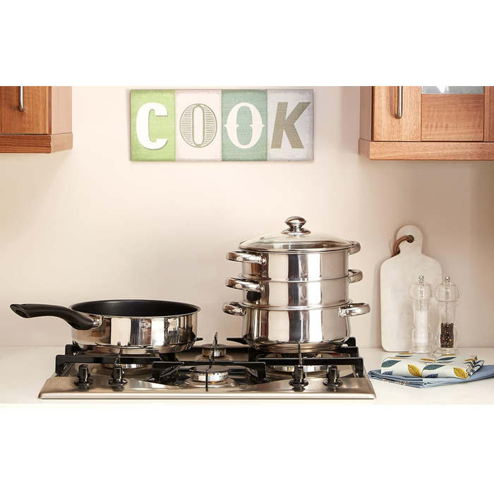 Паровар Premier Housewares з нержавіючої сталі, скляною кришкою, 28 x 22 x 25 см, сріблястий