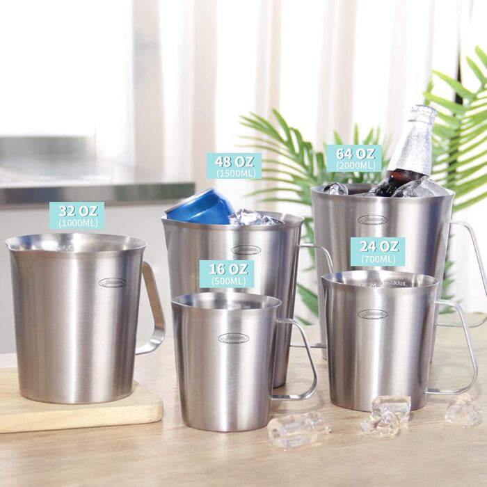 Newness Focus on stainless steel measuring cups, 1500 ml stainless steel measuring cup, improved, 3 types of markings, including ml, oz, and cup, stainless steel milk frothing cup with markings and handle