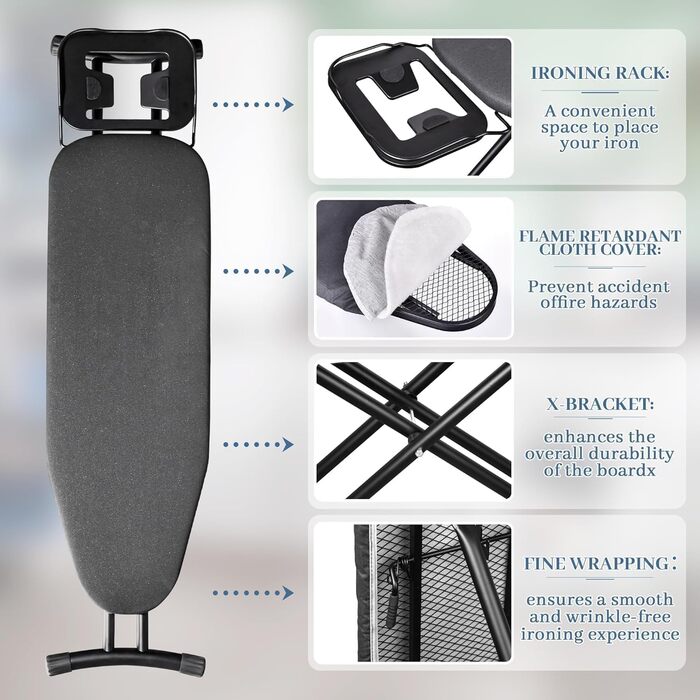 Гладильна дошка WUDLEP регульована по висоті, 140 x 38 см, розкладна, широка, з гачком, висота 70-90 см, з міцної сталі, підходить для більшості парогенераторів