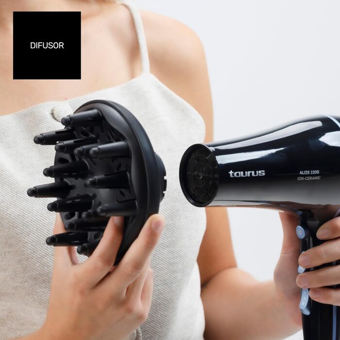 Фен Taurus Alize 2200 з іонізацією та керамічним покриттям | 6 режимів, холодний потік, концентратор та дифузор | Чорний