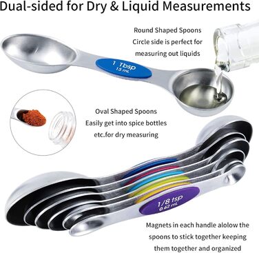 TILUCK Measuring Cups and Magnetic Measuring Spoons, Stainless Steel Measuring Cups, 6 Double-Sided Stainless Steel Measuring Spoons and 1 Leveler (5+7)